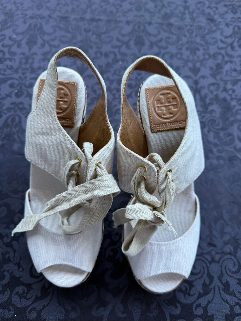 Tory Burch Linley High Wedge Espadrille Sandals Sz 6 Ivory Black Canvas Lace Up